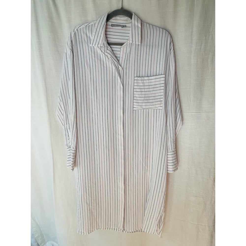 Vince Womens Striped Button Down Shirt Dress White Navy Red Long Sleeve Medium